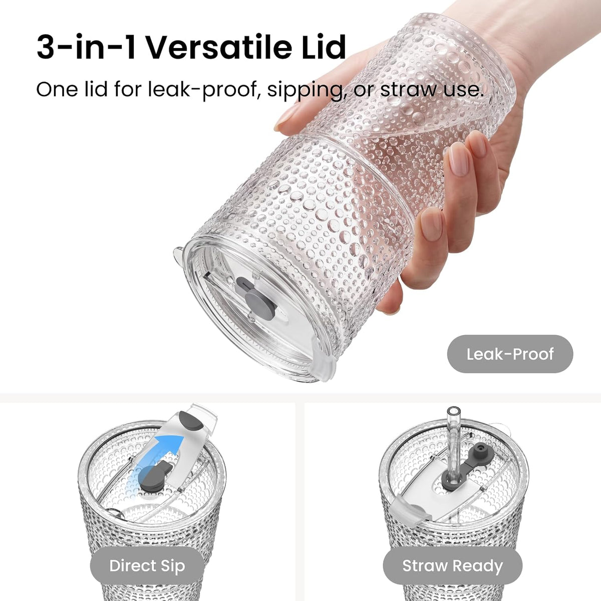INSETLAN 20 oz Hobnail Glass Cups with Lids and Glass Straws – 4 Pieces, Thick-Walled Glass Tumblers for Iced Coffee, Smoothies, Milk, Water, Juice, and More – Elegant and Durable Drinking Glasses