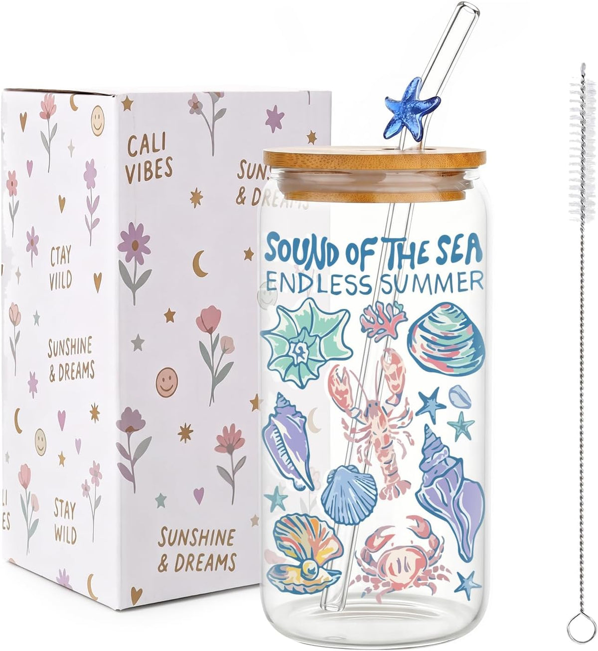 Aesthetic Glass Cups with Lids and Straws, 16oz Ocean Print Glass Tumbler with Bamboo Lid and Glass Straw, Cute Summer Drink Cup for Women, Iced Coffee Matcha Cup, Birthday Gifts