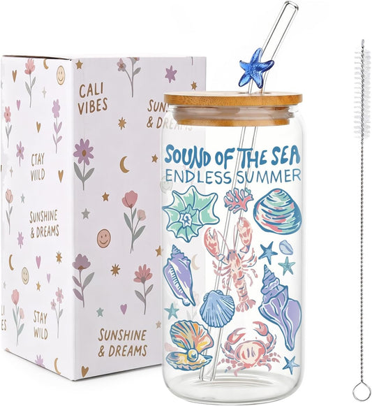 Aesthetic Glass Cups with Lids and Straws, 16oz Ocean Print Glass Tumbler with Bamboo Lid and Glass Straw, Cute Summer Drink Cup for Women, Iced Coffee Matcha Cup, Birthday Gifts