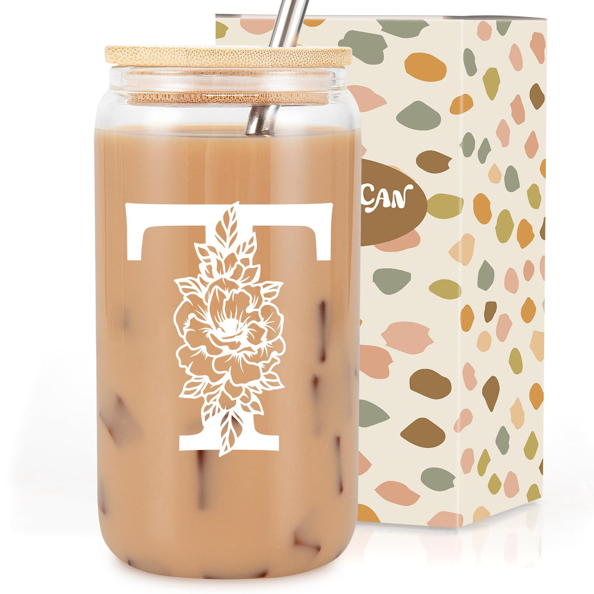 Coolife Initial Glass Cup, Monogrammed Gifts for Women, 16 oz Tumbler w/Lid