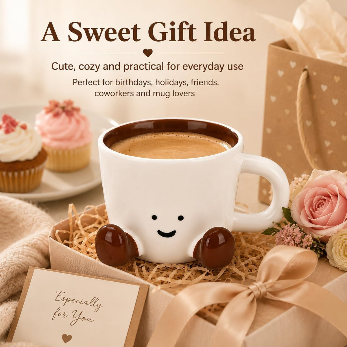 Cute Ceramic Mug, 12.8oz/380ml Unique Handcrafted Shape Coffee Cup with Smile Face, Adorable Kawaii Drinkware Gift for Women