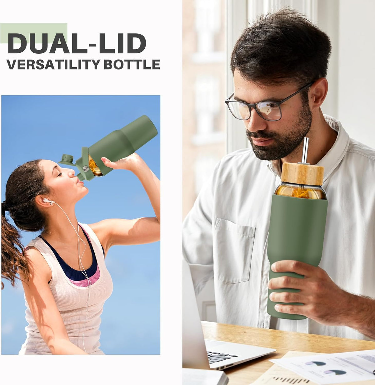 PROBTTL 40 oz Glass Tumbler with Handle - Sports Clear Borosilicate Glass Water Bottle with Straw, Silicone Sleeve, 2 Lids - Handle Spout & Bamboo Straw Lid, Fits Car Cup Holder, Leakproof (Olive)