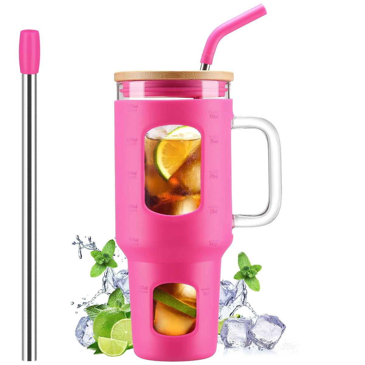 WINSA Glass Tumbler with Straw and Lid, 40 oz, Olive