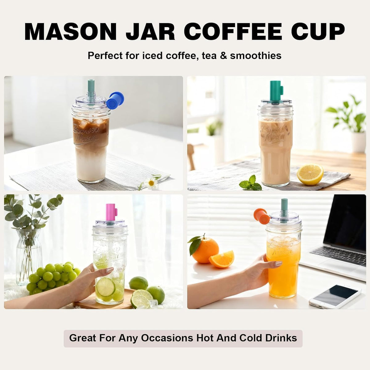 ANOTION Glass Cups With Lids And Straws, Leakproof Tumbler 24oz Mason Jar Coffee Cup, Cap Cup Leak-Proof, Silicone Straw, Reusable Iced Coffee Smoothie Matcha Cup Aesthetic Coffee Gifts Women 2pc