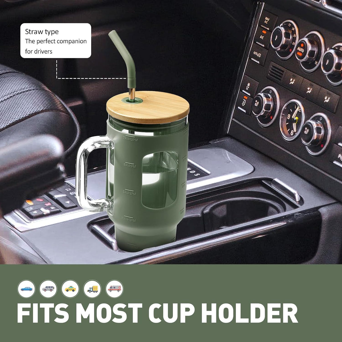WINSA Glass Tumbler with Straw and Lid, 40 oz, Olive