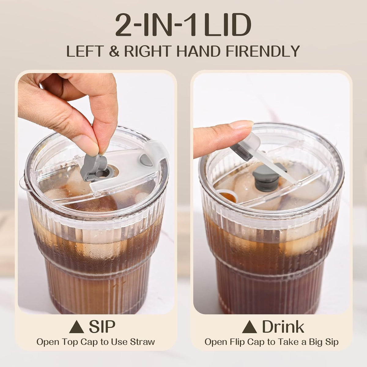 13oz Iced Coffee Cups,2Pcs Glass Cups with Lids and Straws Drinking Glasses,Clear Ribbed Glassware,Reusable Tumbler Glass to Go Cup for Matcha, Iced Tea,Juice