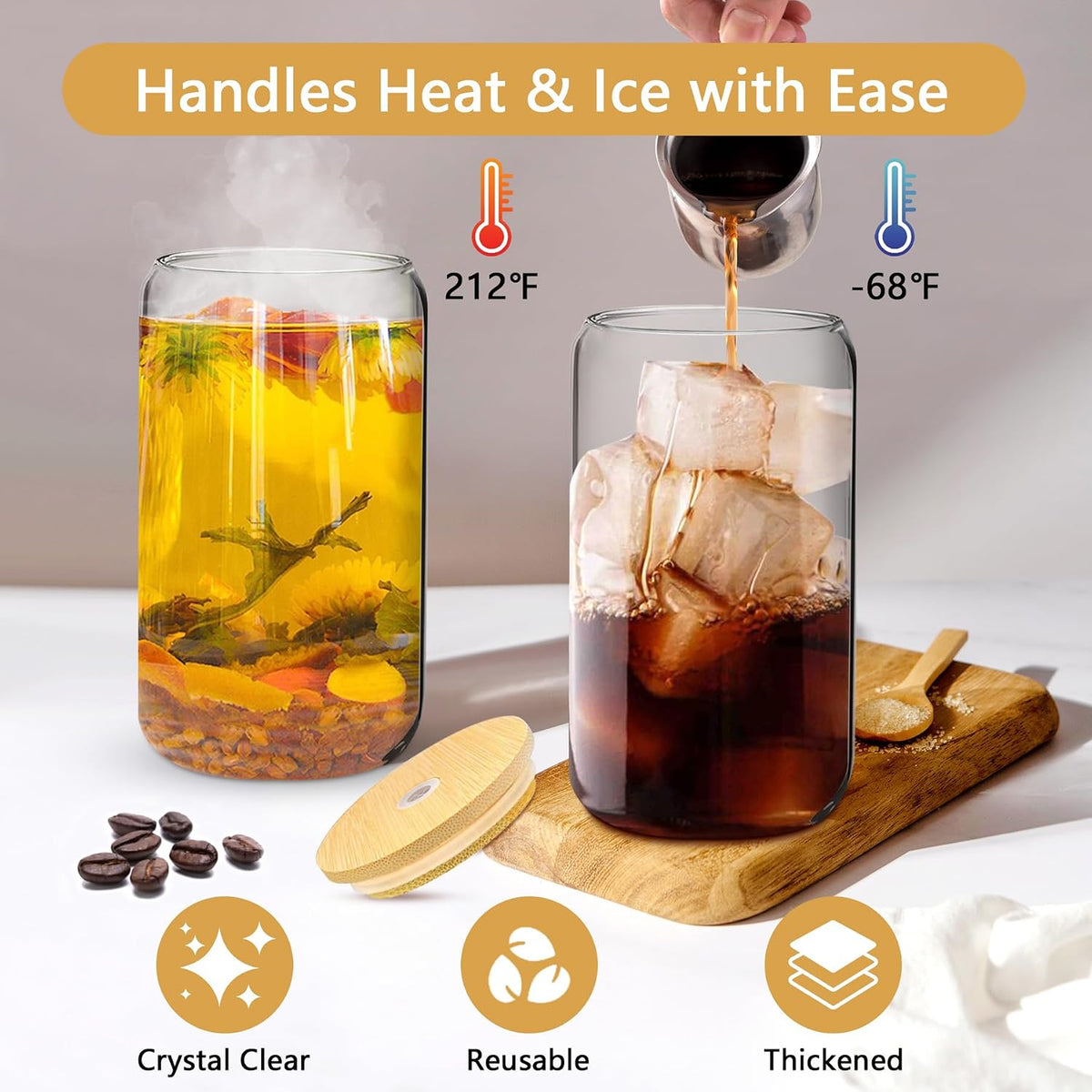 BGraceyy 16 oz 20-Pack Glass Cups with Lids and Straws + DIY Stickers, Reusable Tumblers Beer Can Drinking Glasses with Bamboo Lids and Straws, Cute Glass Coffee Cups with Lids for Iced & Hot Drinks