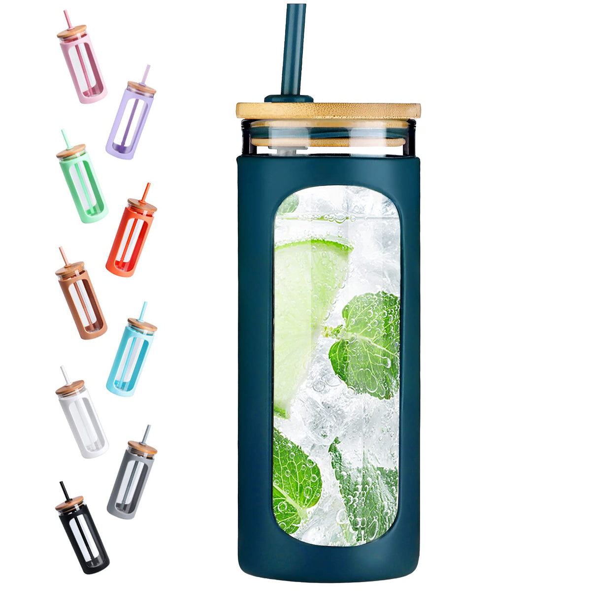 Kodrine 20oz Glass Water Tumbler with Straw and Lid, Bamboo Lids Water Bottle, Iced Coffee Cup Reusable, Wide Mouth Smoothie Cups with Protective Silicone Sleeve BPA FREE-Amber