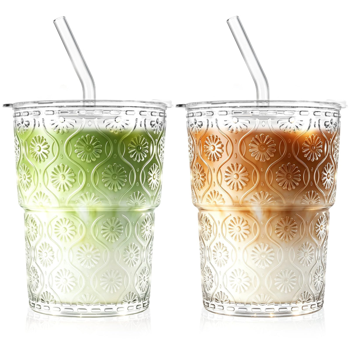SoulTimes 20oz Ribbed Glass Tumbler with Bamboo Lid and Straw – Iced Coffee Glasses Cups for Smoothie, Matcha, Juice, Water etc. Leakproof and Reusable Glassware Drinking for Travel To Go 【2 Pack】