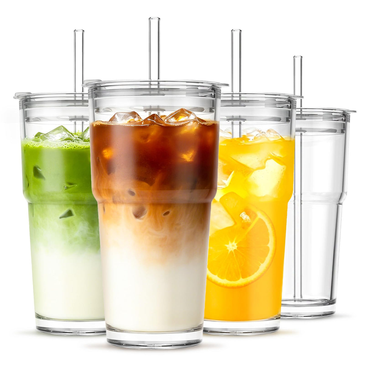 INSETLAN 20 oz Iced Coffee Cups with Lids and Straw, Set of 2 Glass Tumbler