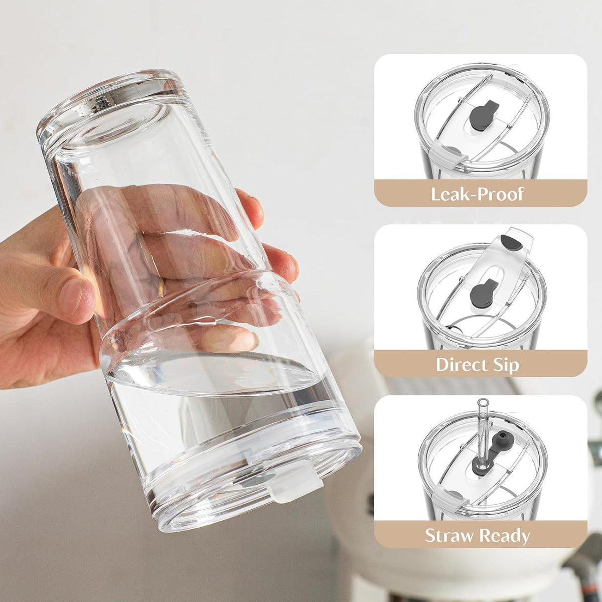 INSETLAN 20 oz Iced Coffee Cups with Lids and Straw, Set of 2 Glass Tumbler