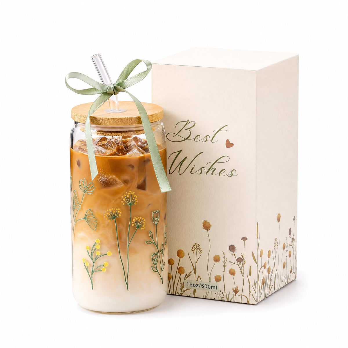 Floral Gifts for Women, Flower Glass Cup with Lid and Straw