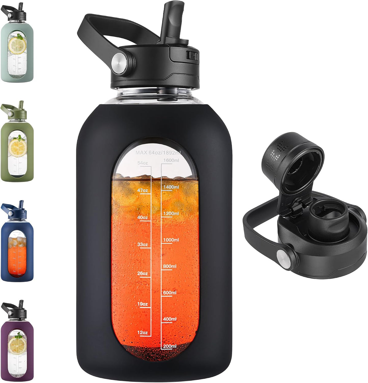 CIVAGO 64 oz Glass Water Bottle Jug with Detachable Straw and Time Maker