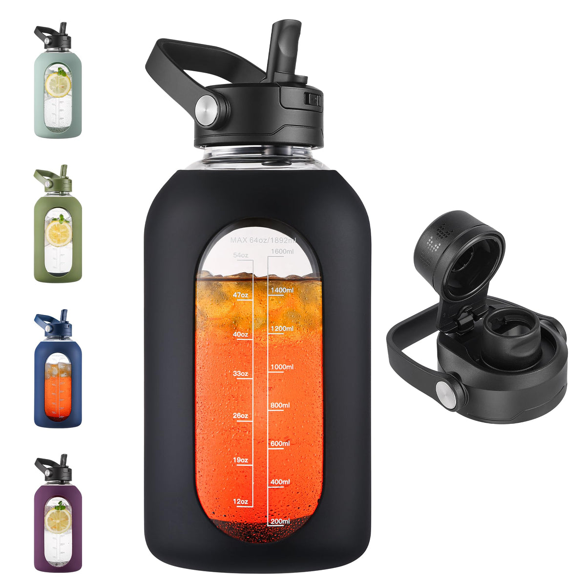 CIVAGO 64 oz Glass Water Bottle Jug with Detachable Straw and Time Maker