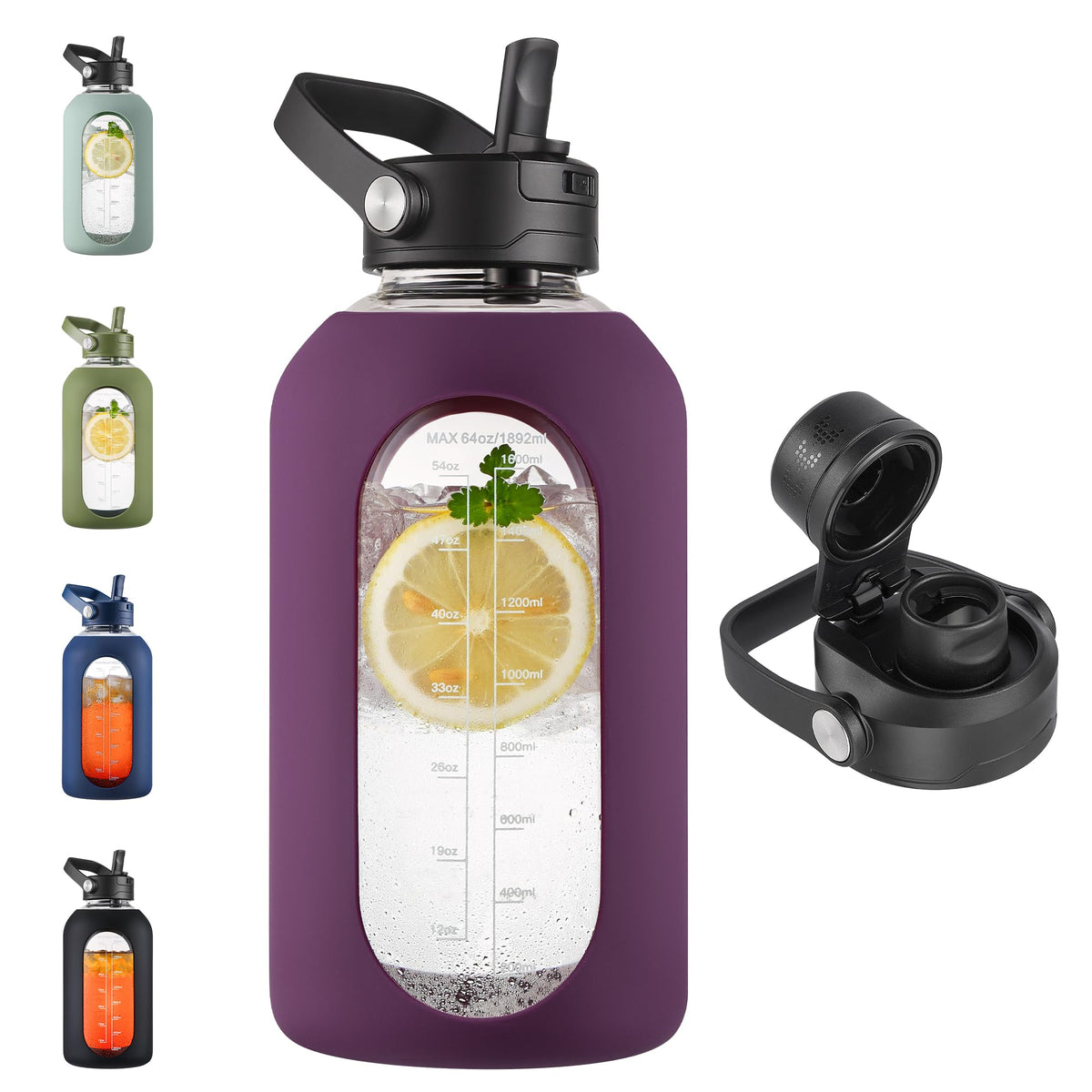 CIVAGO 64 oz Glass Water Bottle Jug with Detachable Straw and Time Maker