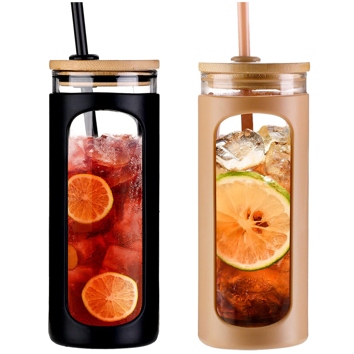 Kodrine 20oz Glass Water Tumbler with Straw and Lid, Bamboo Lids Water Bottle, Iced Coffee Cup Reusable, Wide Mouth Smoothie Cups with Protective Silicone Sleeve BPA FREE-Amber