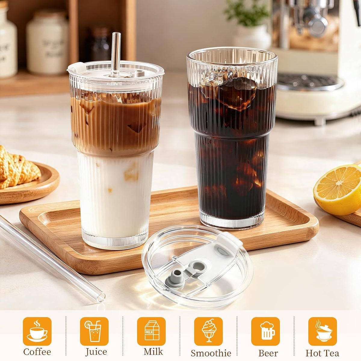 Iced Coffee Cups with Lids,Glass Cups with Lids and Straws,3 Coffee Tumbler