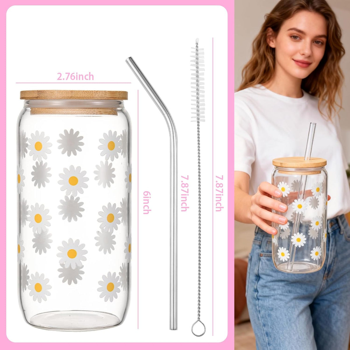 ANABIUP Cute Glass Cups with Lids and Straws, Daisy Flower Iced Coffee Smoothie Matcha Cup Tumbler Birthday Gifts for Women Sister Friend Her Preppy Teenage Girls Teen Girl Gifts Trendy Stuff Things