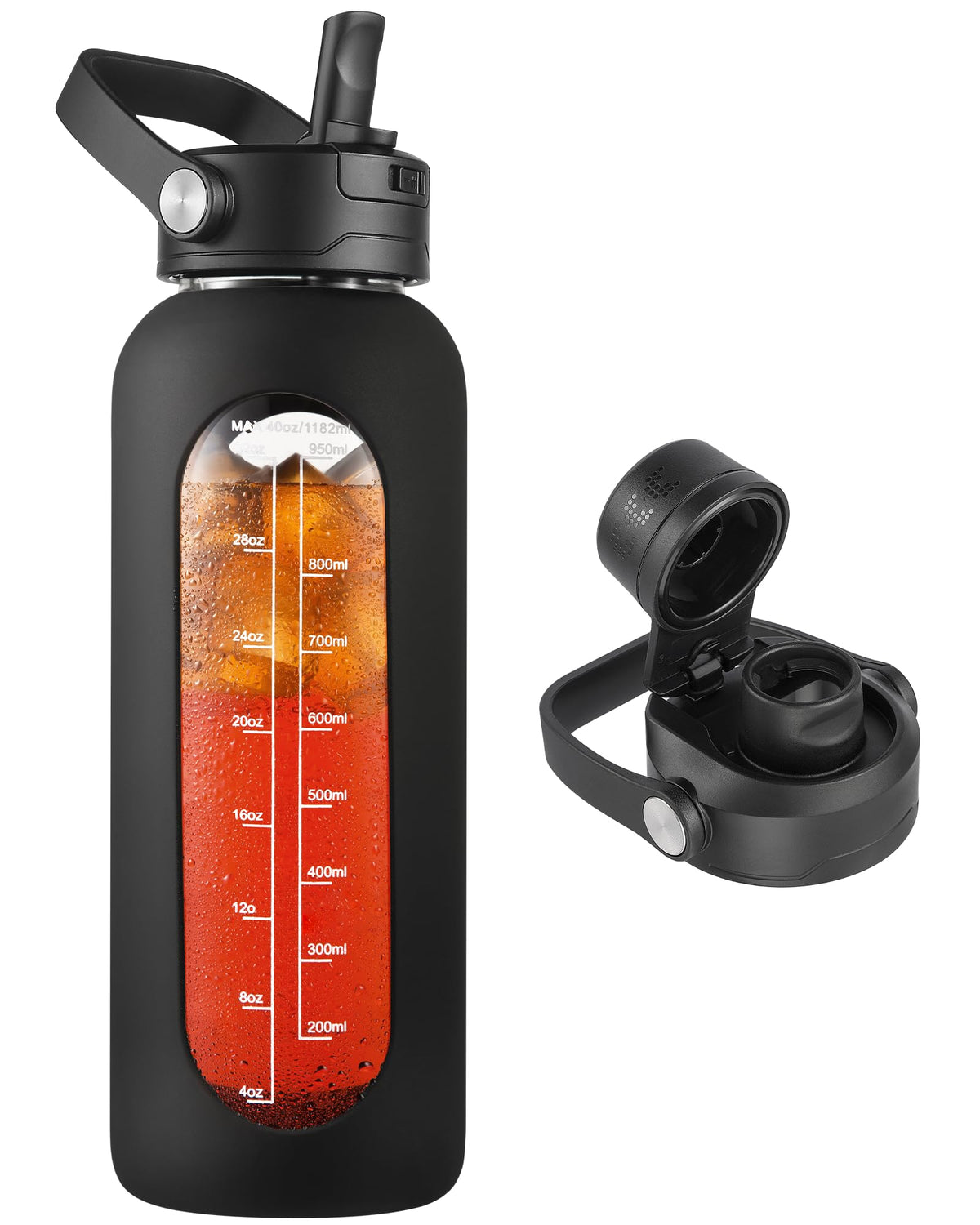 CIVAGO 64 oz Glass Water Bottle Jug with Detachable Straw and Time Maker