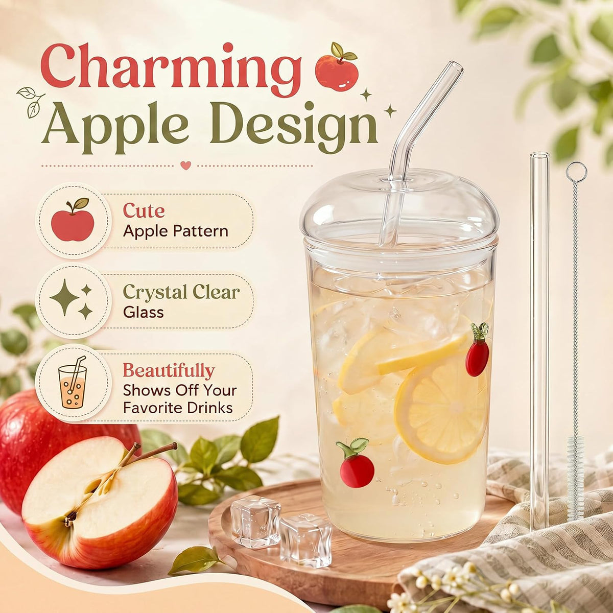 Rtteri Glass Cup with Dome Lid and Straw 17oz Apple Icon Juice Cute Tumbler