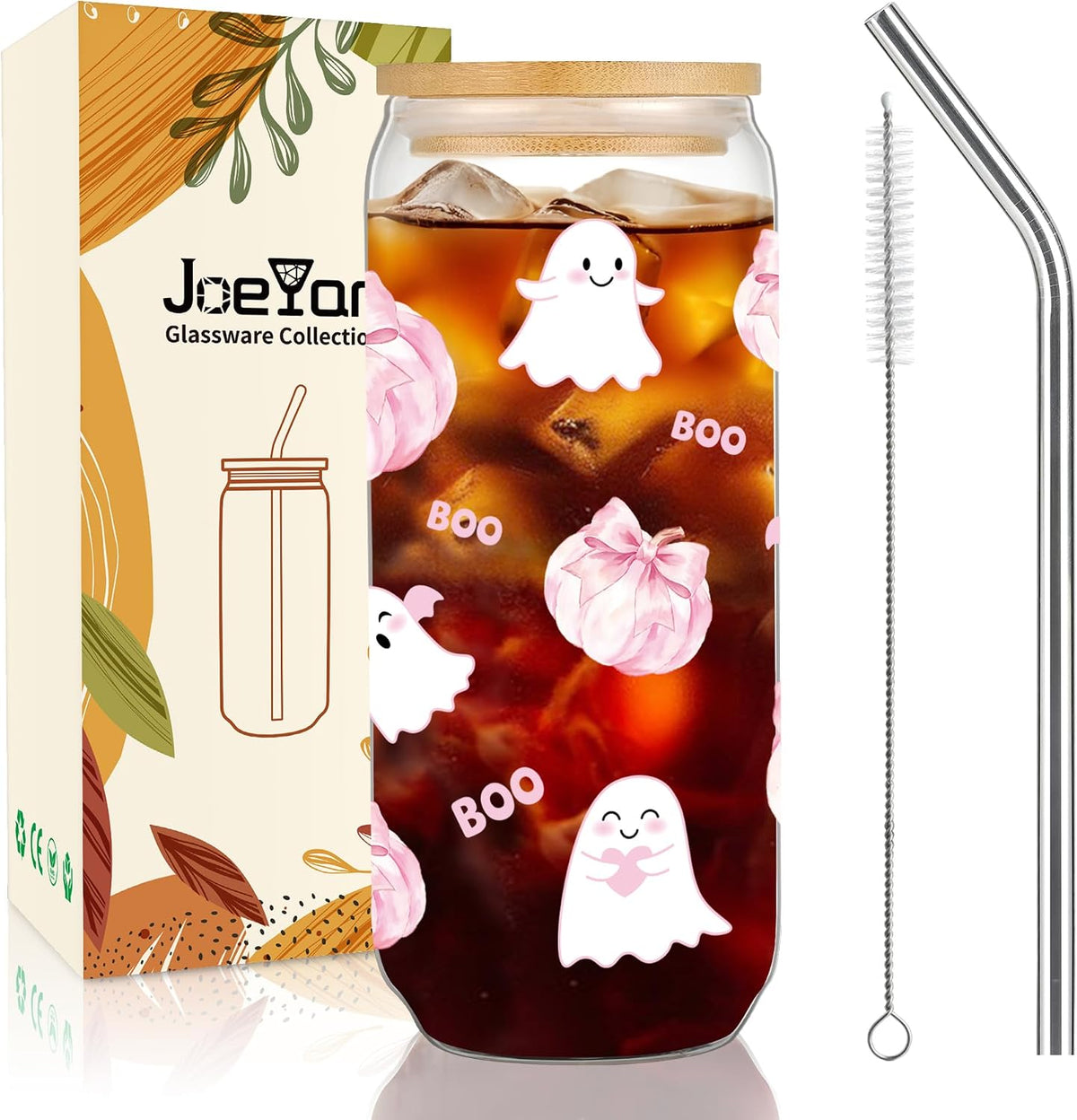 Joeyan Pink Halloween Glass Cups, Glass Tumbler with Lids and Straws, Cute Ghost Pumpkin Iced Coffee Cup, Reusable Soda Can Shaped Smoothie Drinking Glass, Halloween Gifts for Women, 20 oz