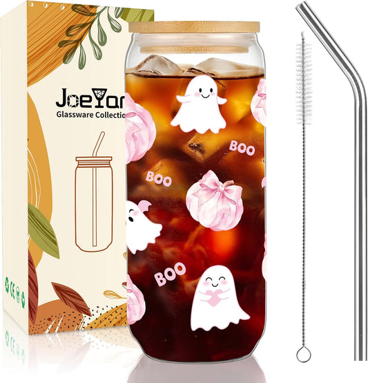 Joeyan Pink Halloween Glass Cups, Glass Tumbler with Lids and Straws, Cute Ghost Pumpkin Iced Coffee Cup, Reusable Soda Can Shaped Smoothie Drinking Glass, Halloween Gifts for Women, 20 oz