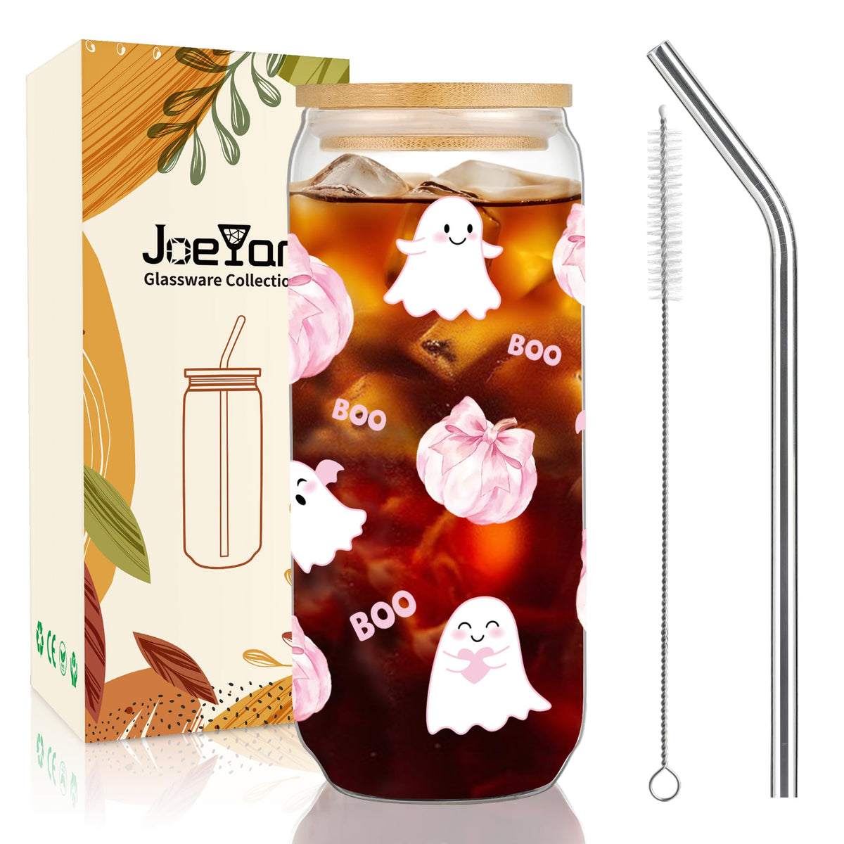 Joeyan Pink Halloween Glass Cups, Glass Tumbler with Lids and Straws, Cute Ghost Pumpkin Iced Coffee Cup, Reusable Soda Can Shaped Smoothie Drinking Glass, Halloween Gifts for Women, 20 oz