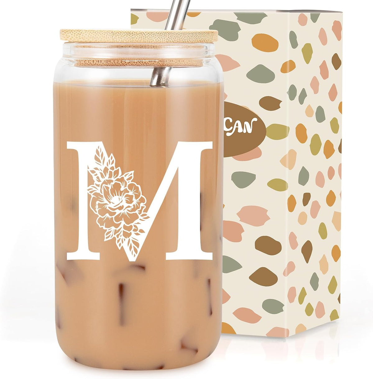 Coolife Initial Glass Cup, Monogrammed Gifts for Women, 16 oz Tumbler w/Lid