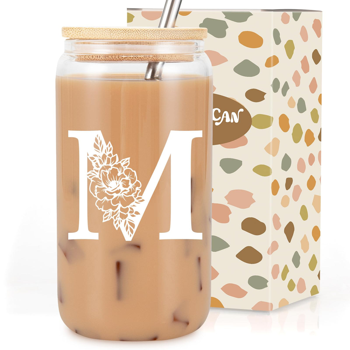 Coolife Initial Glass Cup, Monogrammed Gifts for Women, 16 oz Tumbler w/Lid