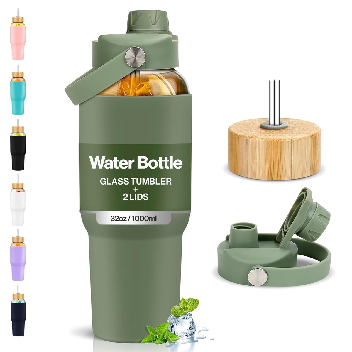 PROBTTL 40 oz Glass Tumbler with Handle - Sports Clear Borosilicate Glass Water Bottle with Straw, Silicone Sleeve, 2 Lids - Handle Spout & Bamboo Straw Lid, Fits Car Cup Holder, Leakproof (Olive)