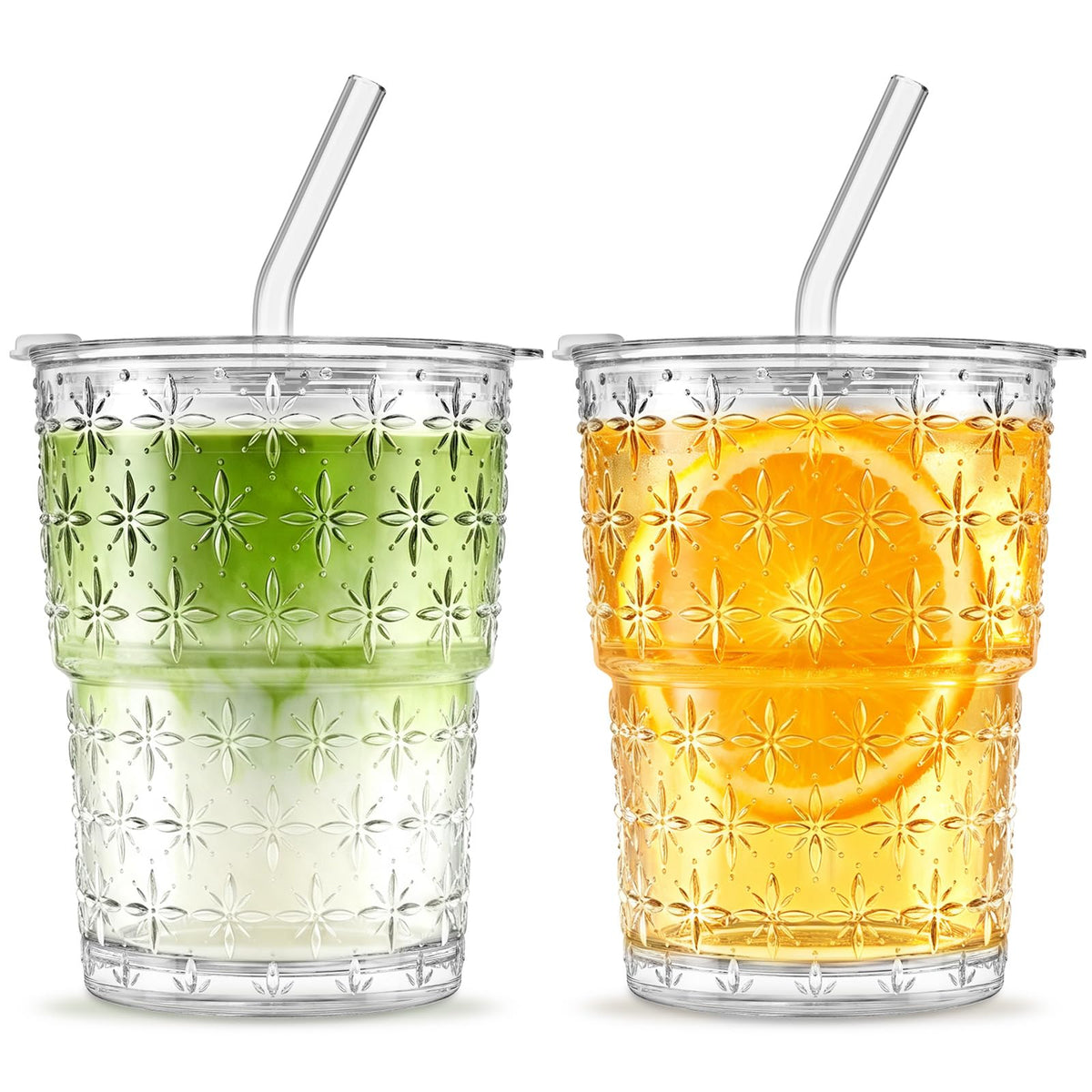 INSETLAN 20 oz Iced Coffee Cups with Lids and Straw, Set of 4 Glass Tumbler