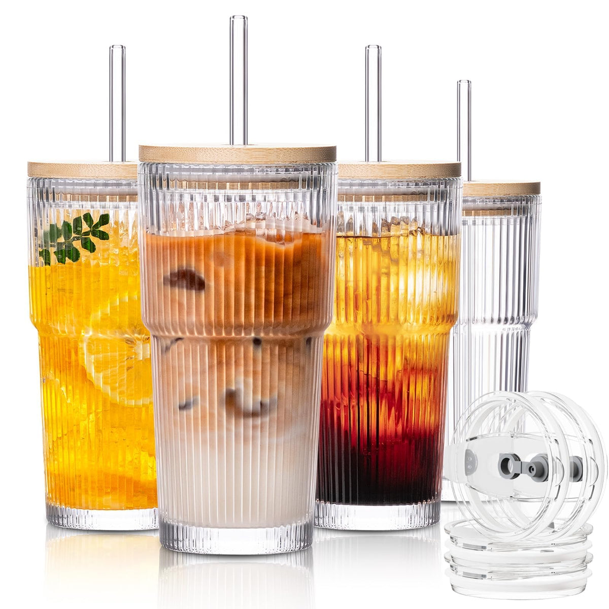 SoulTimes 20oz Ribbed Glass Tumbler with Bamboo Lid and Straw – Iced Coffee Glasses Cups for Smoothie, Matcha, Juice, Water etc. Leakproof and Reusable Glassware Drinking for Travel To Go 【2 Pack】