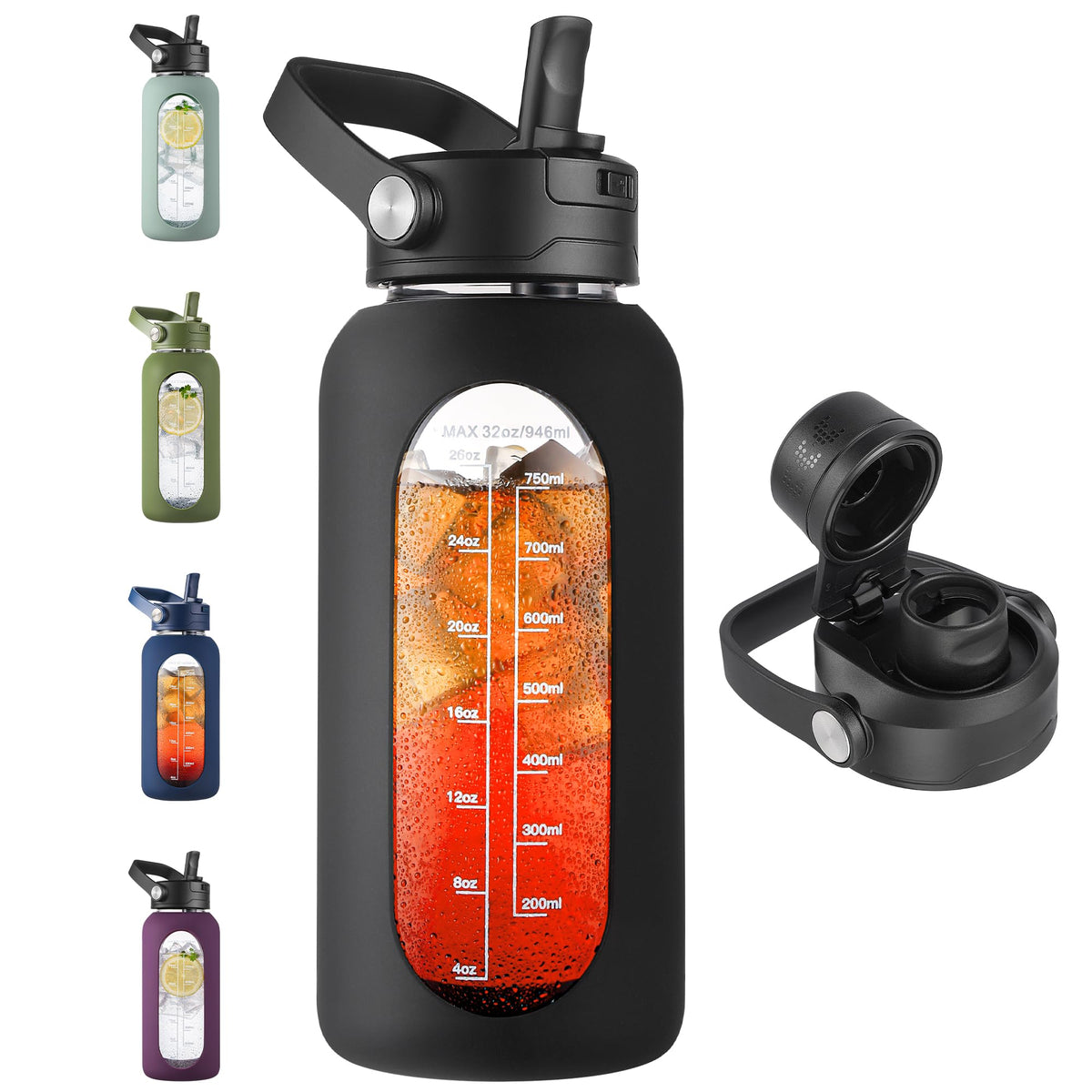 CIVAGO 64 oz Glass Water Bottle Jug with Detachable Straw and Time Maker