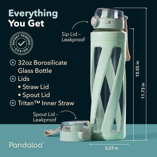 Pandaloo® Orbit 32 oz Glass Water Bottle with 2 Leak-Proof Lids (Straw & Spout), Wide Mouth, Borosilicate Glass, BPA-Free, Cup Holder Friendly for Gym, Work, Travel & Daily Hydration - Sage