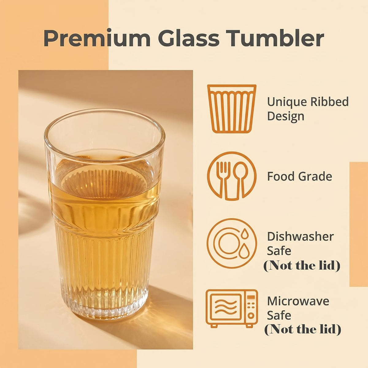 Glass Tumbler with Straw and Lid 16 oz Ribbed Glass Coffee Cups