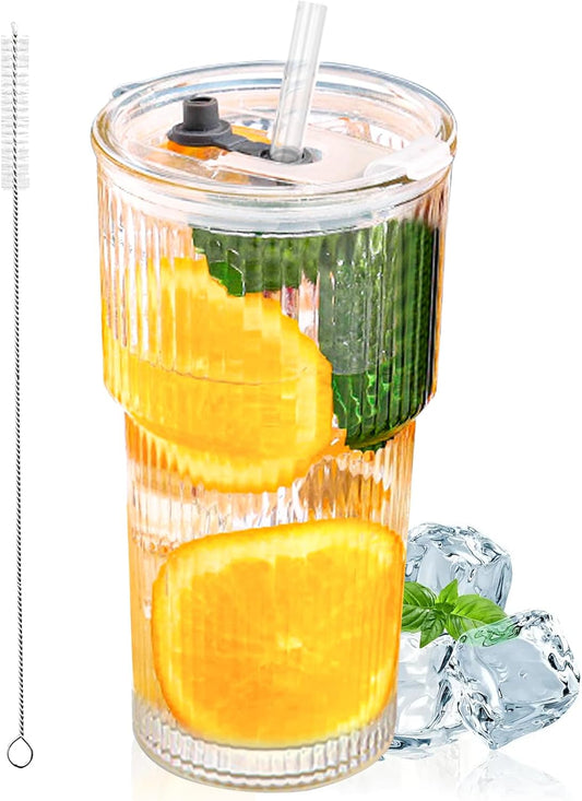 20oz Glass Tumblers with Lid and Straw, Ribbed Glass Iced Coffee Cup with Lid, Wide Mouth Thickened Vintage Glass Cup, Drinking Glasses Tumbler for Smoothieds, Cocktails, and Juices