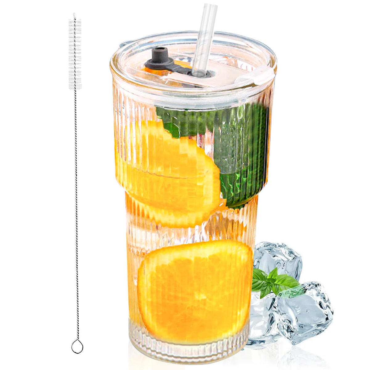 20oz Glass Tumblers with Lid and Straw, Ribbed Glass Iced Coffee Cup with Lid, Wide Mouth Thickened Vintage Glass Cup, Drinking Glasses Tumbler for Smoothieds, Cocktails, and Juices