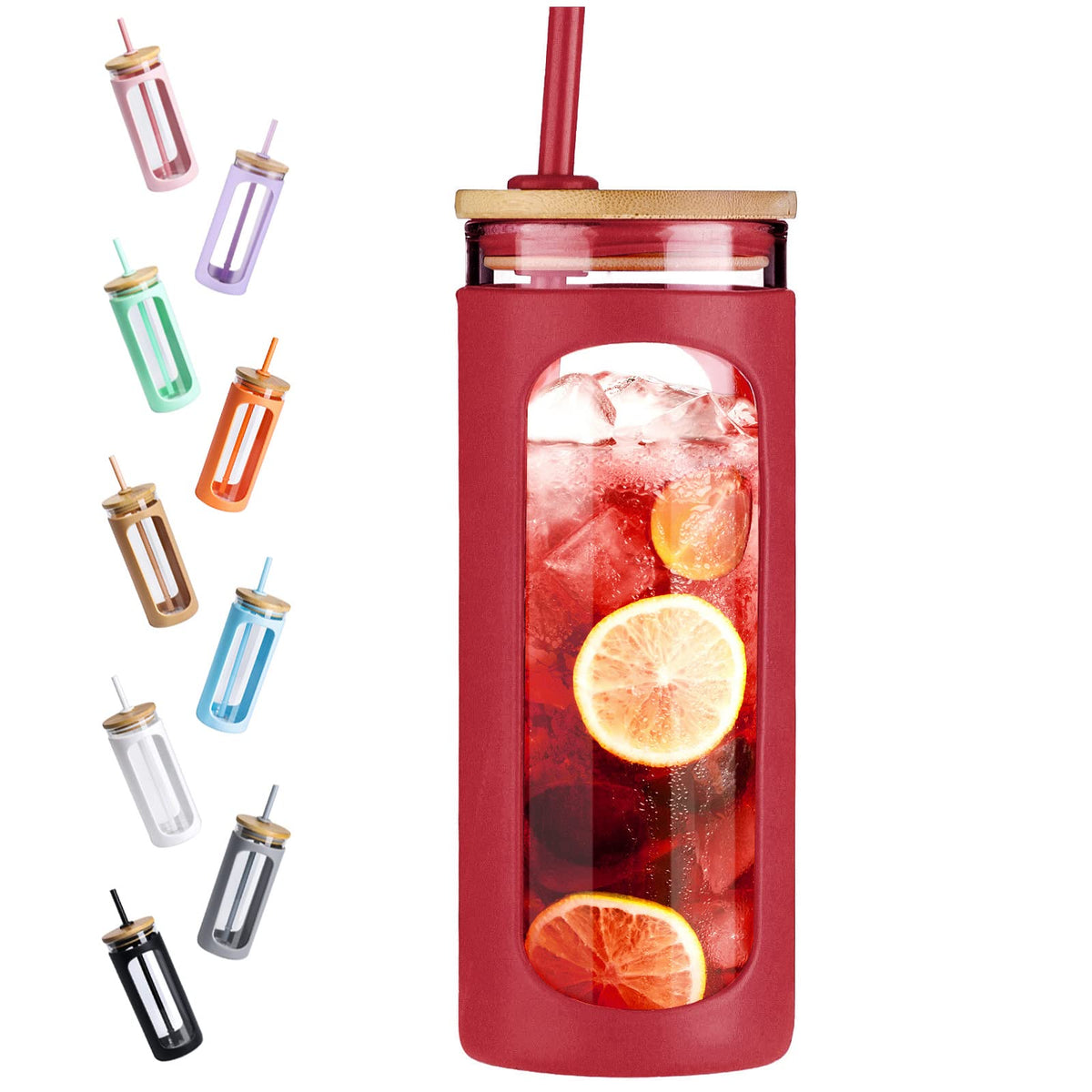 Kodrine 20oz Glass Water Tumbler with Straw and Lid, Bamboo Lids Water Bottle, Iced Coffee Cup Reusable, Wide Mouth Smoothie Cups with Protective Silicone Sleeve BPA FREE-Amber