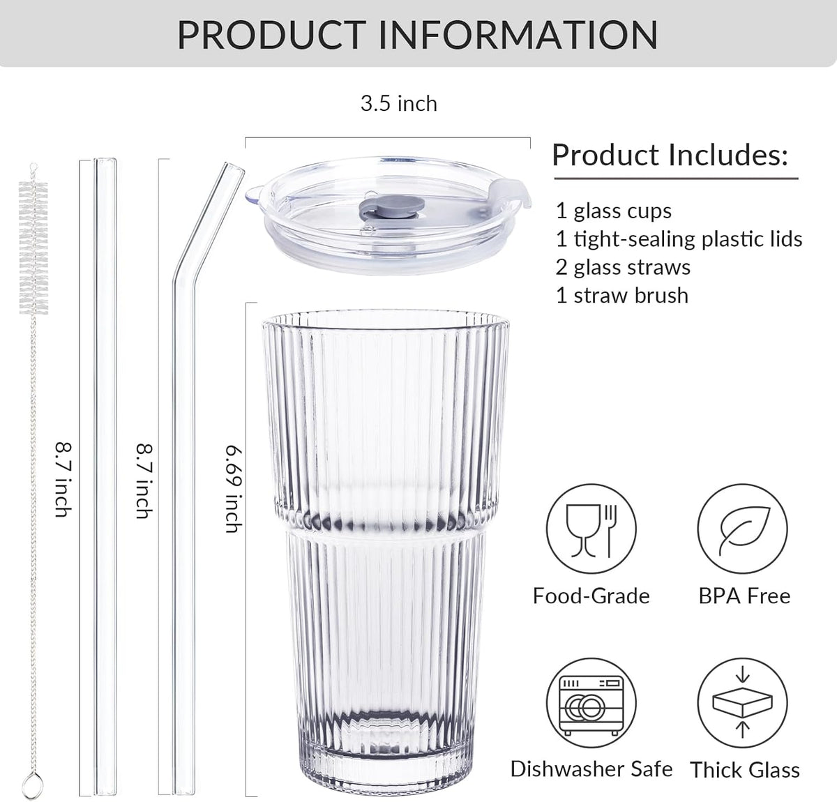 Puraville Glass Cups with Lids and Straws, 20oz, Ribbed Pattern