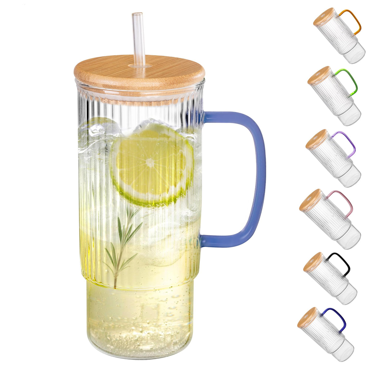 32oz Ribbed Glass Cup with Handle Bamboo Lid and Straw, Glass Tumbler, Iced Coffee Cups Hot/Cold Drinks