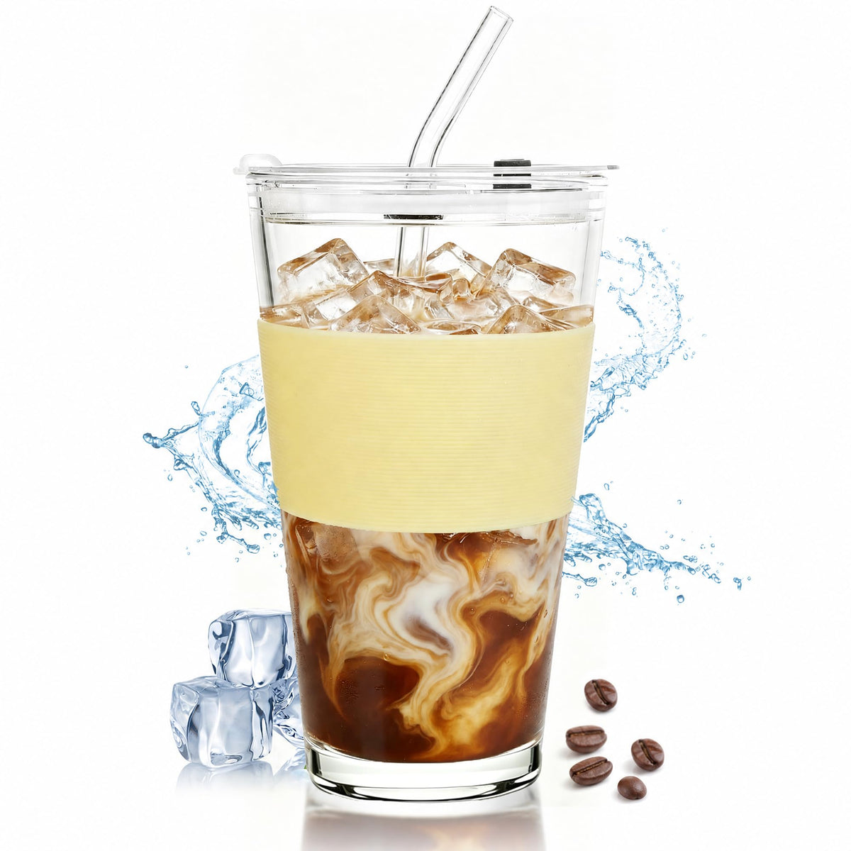 Birity 24oz Glass Tumbler with/Lid & Straw, Handle 2‑Pack Iced Coffee Cups