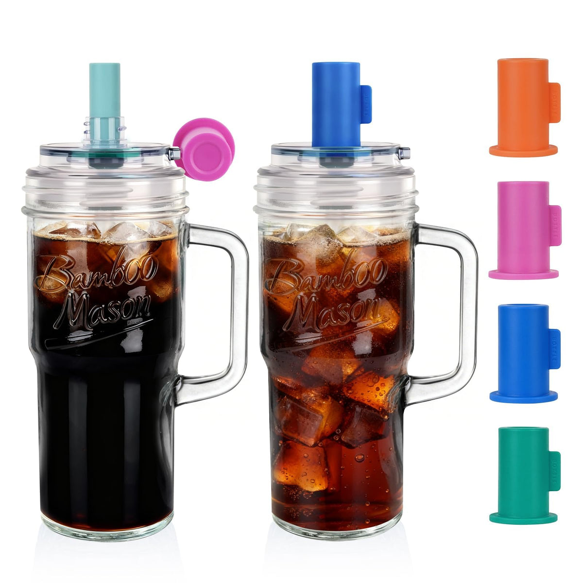 ANOTION Glass Cups With Lids And Straws, Leakproof Tumbler 24oz Mason Jar Coffee Cup, Cap Cup Leak-Proof with Straw, Reusable Iced Coffee Smoothie Matcha Cup Aesthetic Coffee Gifts Women 2pc