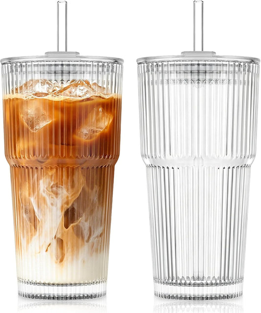 KEMORELA 20oz Ribbed Glass Tumblers with Lids and Straws,Iced Coffee Cups