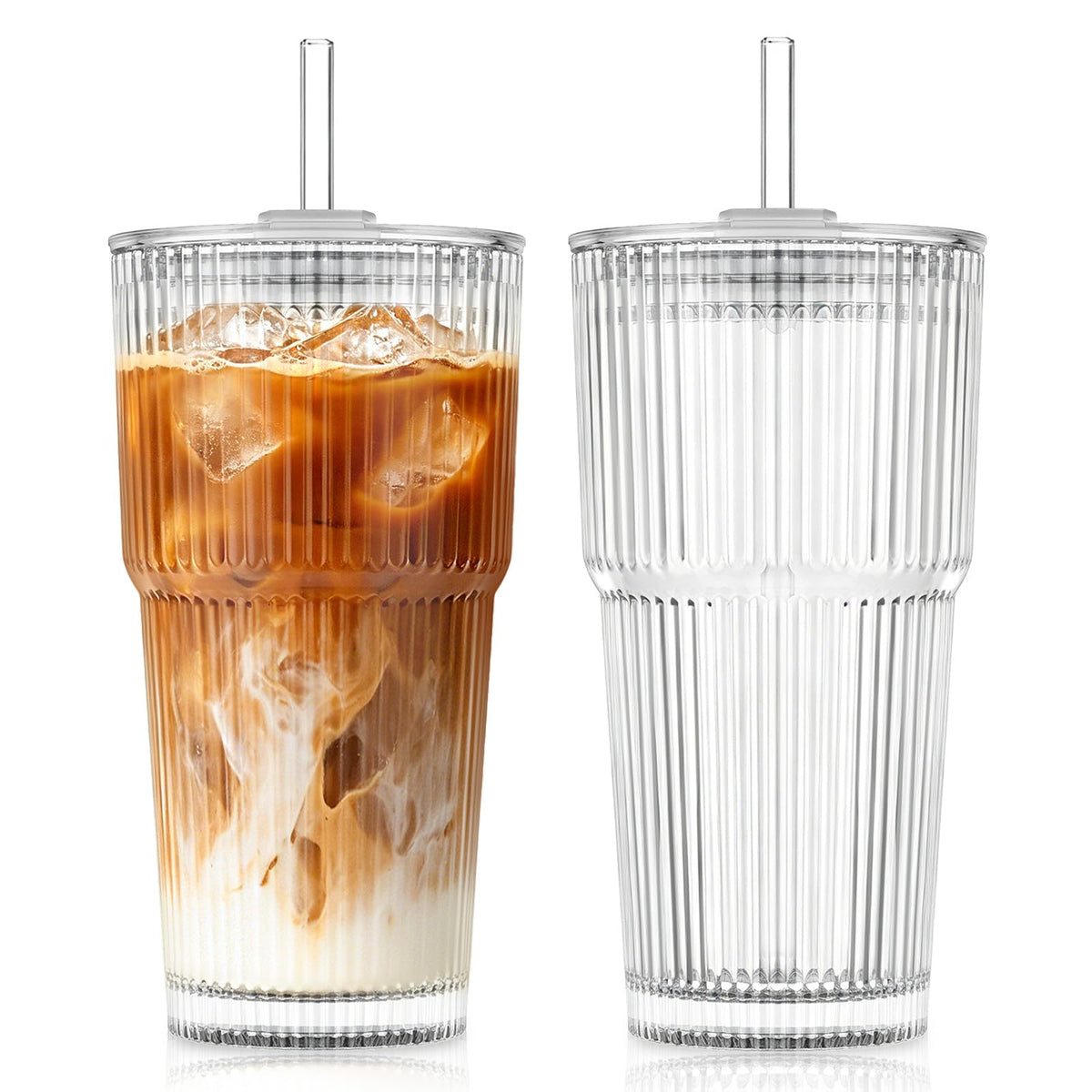 KEMORELA 20oz Ribbed Glass Tumblers with Lids and Straws,Iced Coffee Cups