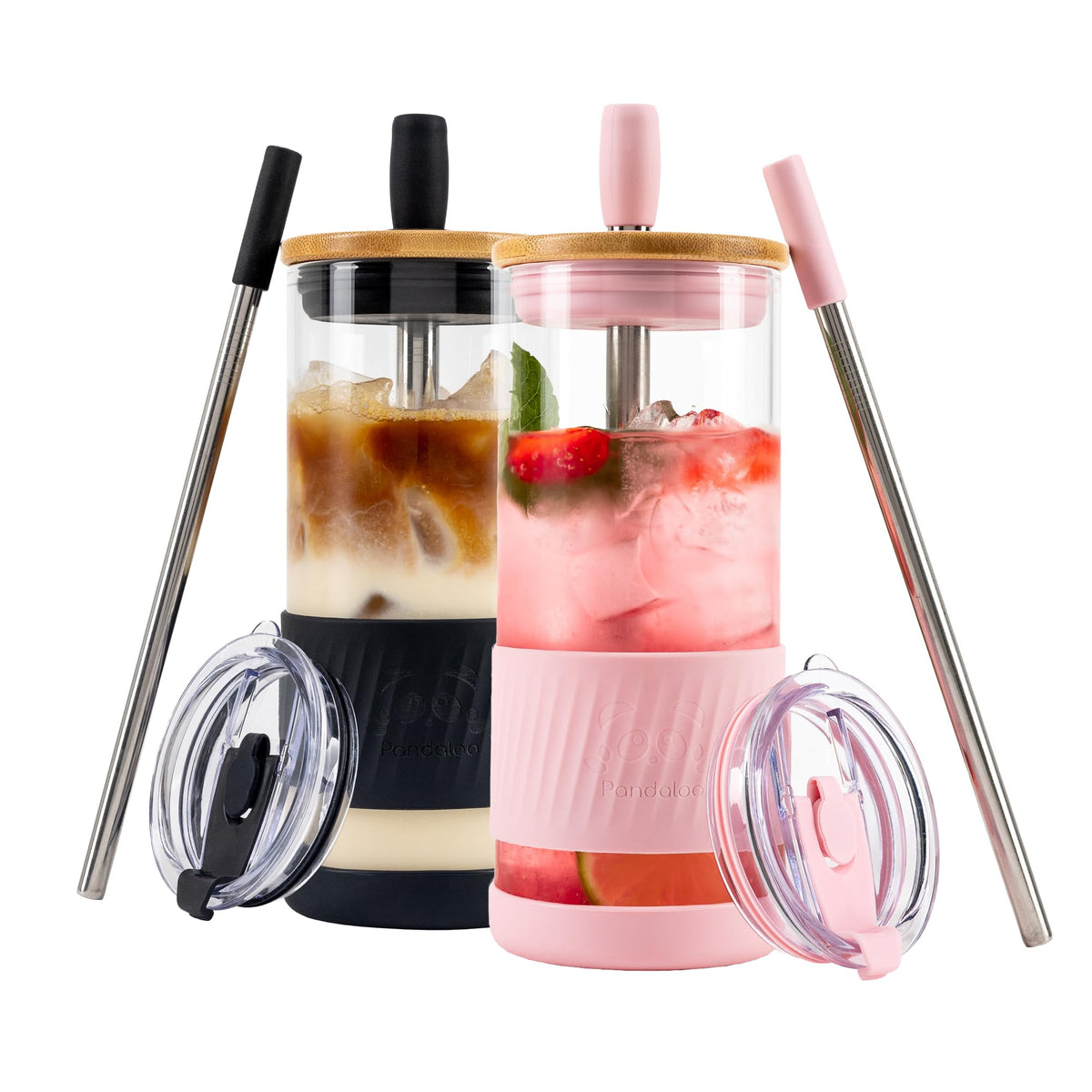 Pandaloo® Glass Cups With Lids and Straws -20 Fl Oz- Perfect Size Iced Coffee Cup - Smoothie Cup With Bamboo Lid and On the go Lid (Creamy Mushroom, 1 Count (Pack of 1)