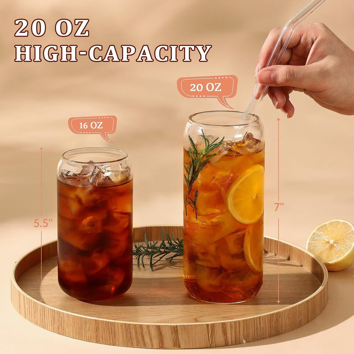 VITEVER 20 OZ Glass Cups with Bamboo Lids and Glass Straw - Beer Shaped Drinking Glasses Set, Iced Coffee Glasses, Cute Tumbler Cup, Aesthetic Coffee Bar Accessories, Gift - 2 Pack