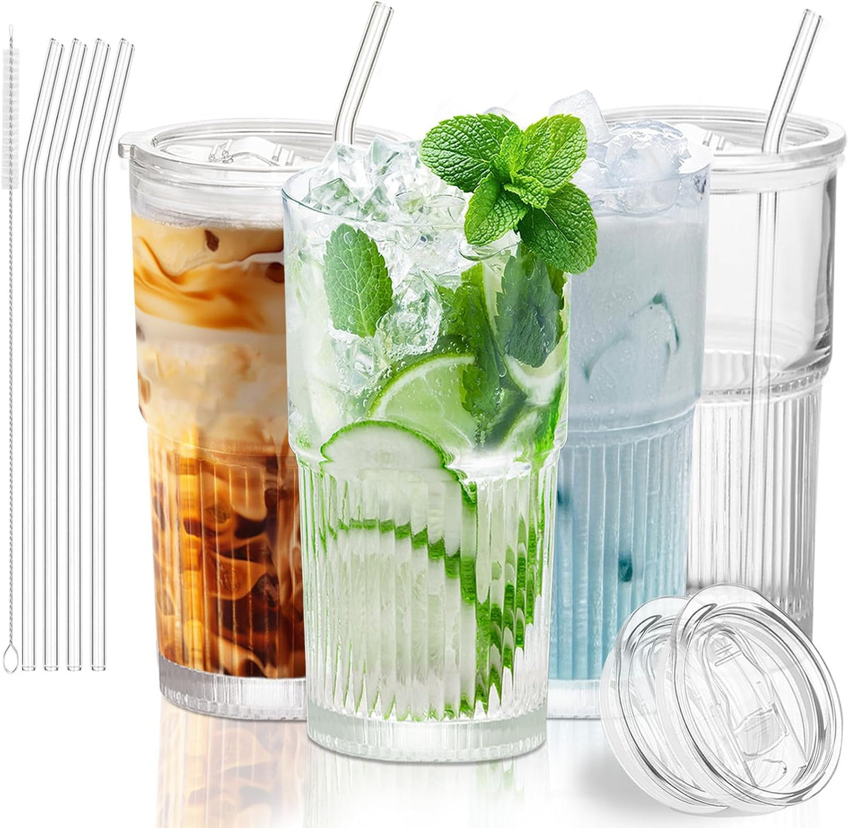 Luiaiog Glass Cups with Lids and Straws Set of 2, 18.6 oz Ribbed Drinking Glasses, Leakproof Glass Tumbler for Iced Coffee, Smoothie, Boba, Reusable Cups with Straw Brush, Dishwasher Safe