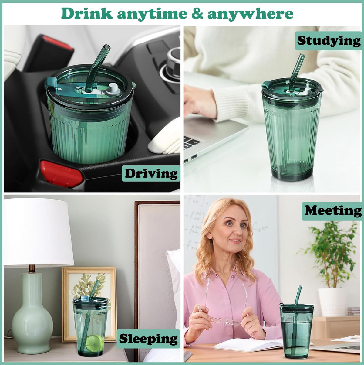 Joeyan Glass Tumbler with Straw and Lid,Green Glasses Water Cup with Straw