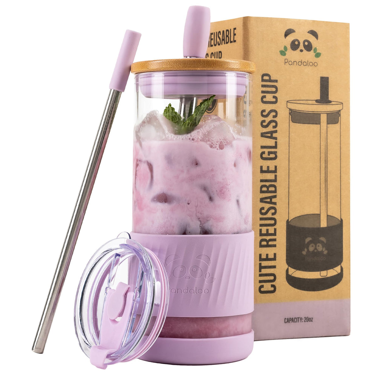 Pandaloo® Glass Cups With Lids and Straws -20 Fl Oz- Perfect Size Iced Coffee Cup - Smoothie Cup With Bamboo Lid and On the go Lid (Creamy Mushroom, 1 Count (Pack of 1)