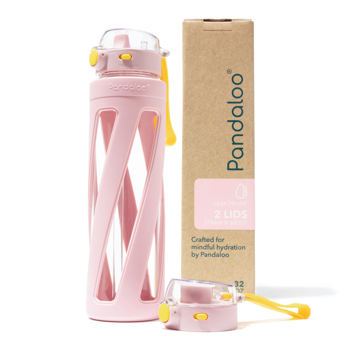 Pandaloo® Orbit 32 oz Glass Water Bottle with 2 Leak-Proof Lids (Straw & Spout), Wide Mouth, Borosilicate Glass, BPA-Free, Cup Holder Friendly for Gym, Work, Travel & Daily Hydration - Sage